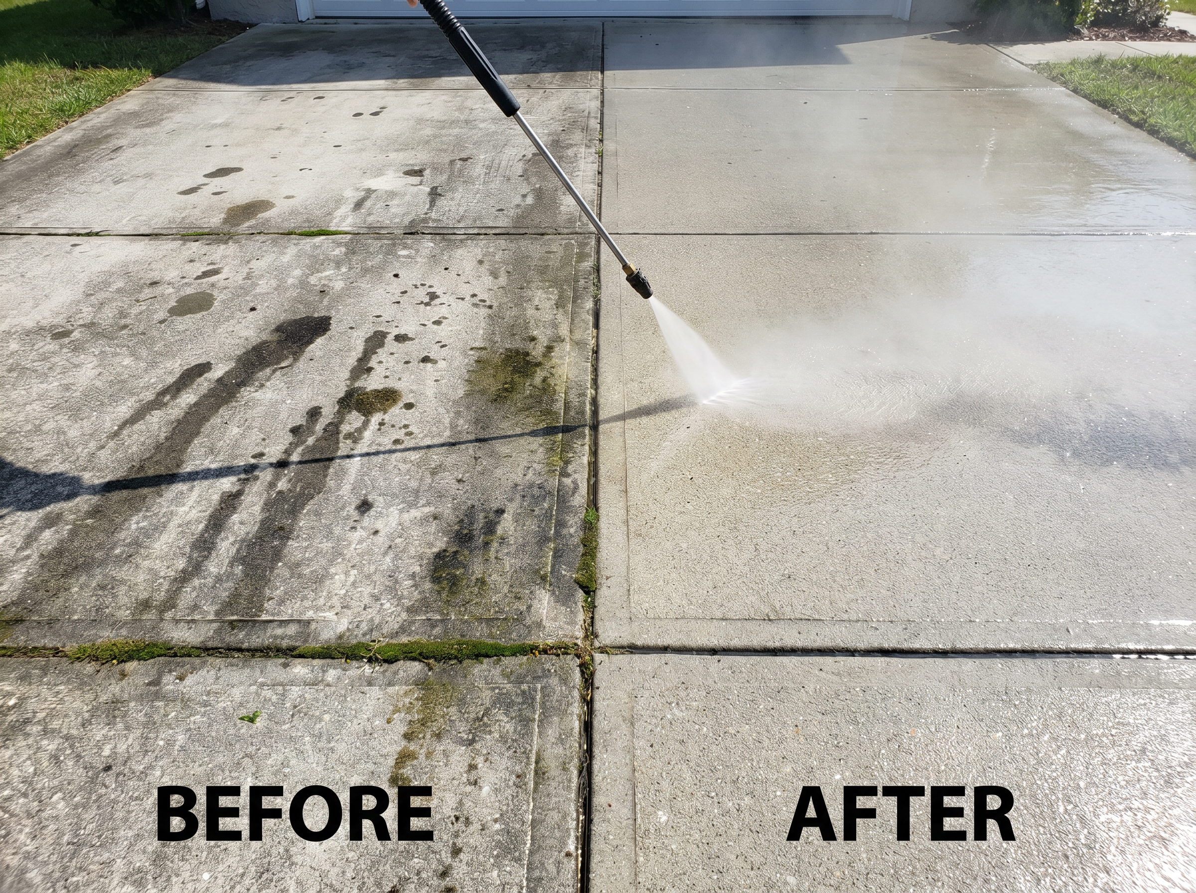 Driveway before and after pressure washing showing dramatic difference